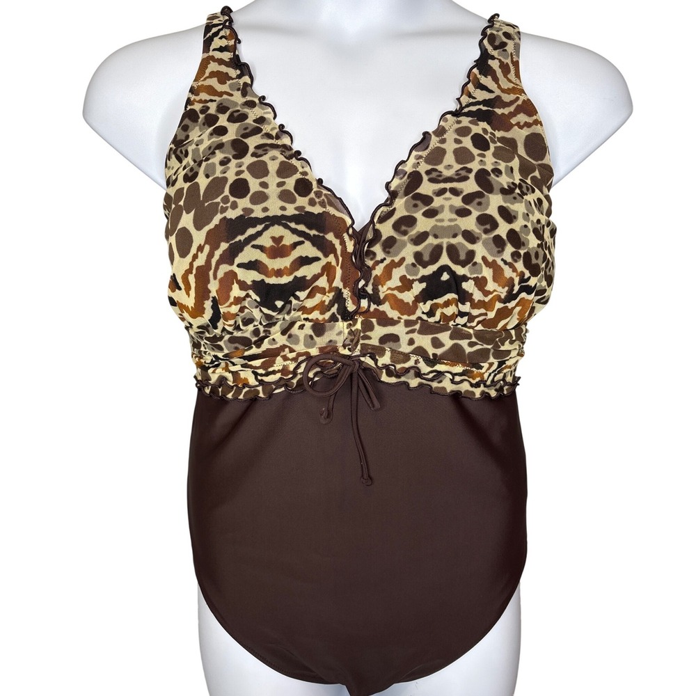 Profile Womens Brown Animal Print Mesh Ruched Bust One Piece Swimsuit 16W Chic